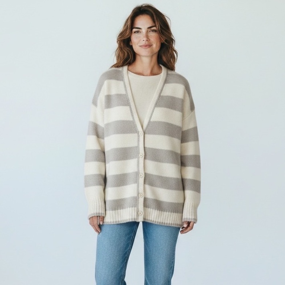 La Ligne Wool Cashmere Striped Martha Cardigan Sweater Cream Taupe Size S